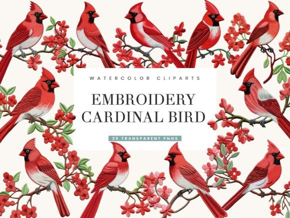 Embroidery Cardinal Birds Clipart Bundle