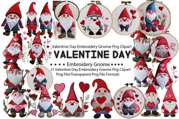 Valentine Day Embroidery Gnome PNG Bundle